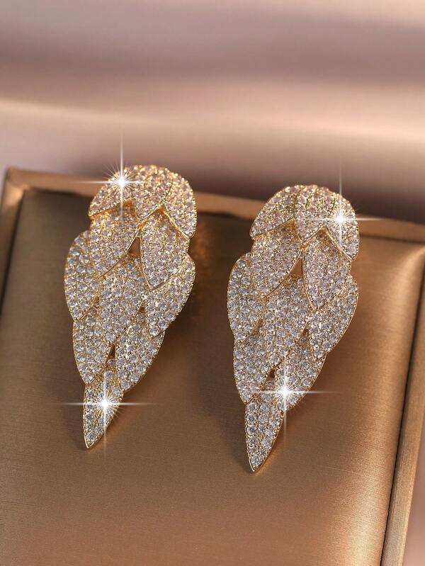 jealous young 1pair Luxury Full Paved CZ Wing Shape Dangle Earrings, Gold Tone Sparkly Crystal Statement Drop Earrings For Women Wedding Party Prom Bridal Jewelry
