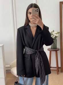 Women's Fashion Versatile Black Polyester Long Sleeve Blazer With Polka Dot Belt Design, Suitable For Daily Commute, Travel, Streetwear, Perfect For Elegant Autumn/Winter Outfits - Black - View 4
