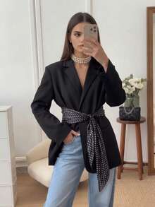 Women's Fashion Versatile Black Polyester Long Sleeve Blazer With Polka Dot Belt Design, Suitable For Daily Commute, Travel, Streetwear, Perfect For Elegant Autumn/Winter Outfits - Black - View 7