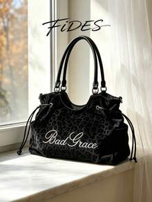 1pc New Women's Leopard Print Embroidered Letter PU Tote Bag, Drawstring Shoulder Strap Large Capacity Commuter Underarm Bag, Casual Daily Work Versatile Handbag Crossbody Bag - Black - View 2