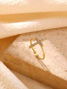 1 chiếc/1 bộ nhẫn hở đính đá hình chữ thập cho nữ, nhẫn thép không gỉ mạ vàng 18K, trang sức đeo hằng ngày dự tiệc có thể xếp chồng - Vàng - Xem 1