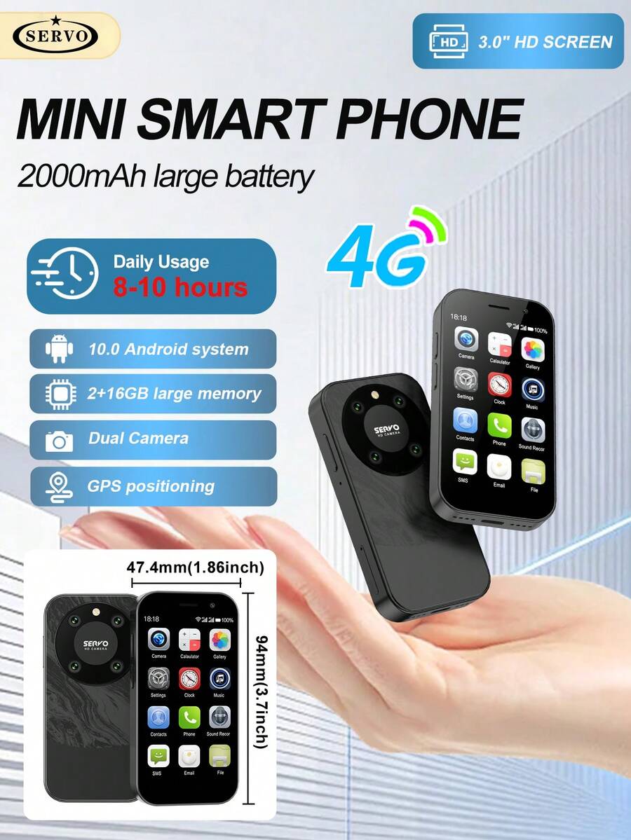 Điện thoại mini SERVO KING9000 4G LTE mạng di động, 2 SIM chờ, màn hình HD 3.0 inch, Android 10.0, RAM 2GB, ROM 16GB, pin 2000mAh, nhận diện khuôn mặt, camera 5.0MP - màu xanh lá - Xem 1
