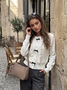 Women's White Knitted Cardigan With Ruffle Trim, Bow And Buttons, Long Sleeve Round Neck, Suitable For Autumn/Winter - Apricot - View 2