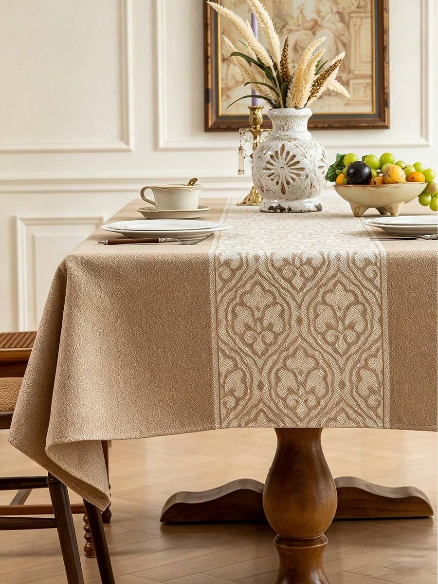 1 buah Taplak Meja Jacquard, Taplak Meja Makan Persegi Panjang, Tersedia Berbagai Ukuran, Cocok Untuk Dapur, Ruang Makan, Pernikahan, Dekorasi Meja Pesta - Khaki - View 1