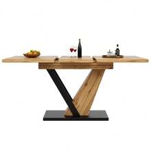 Dining Table Telescopic Table (120-160*75cm), Extendable Table, Extendable To 120-160cm With Aid Of Internal Insert Panels, Kitchen And Living Room, Dining Table With Black Marble Pattern - Natural + MDF - View 11