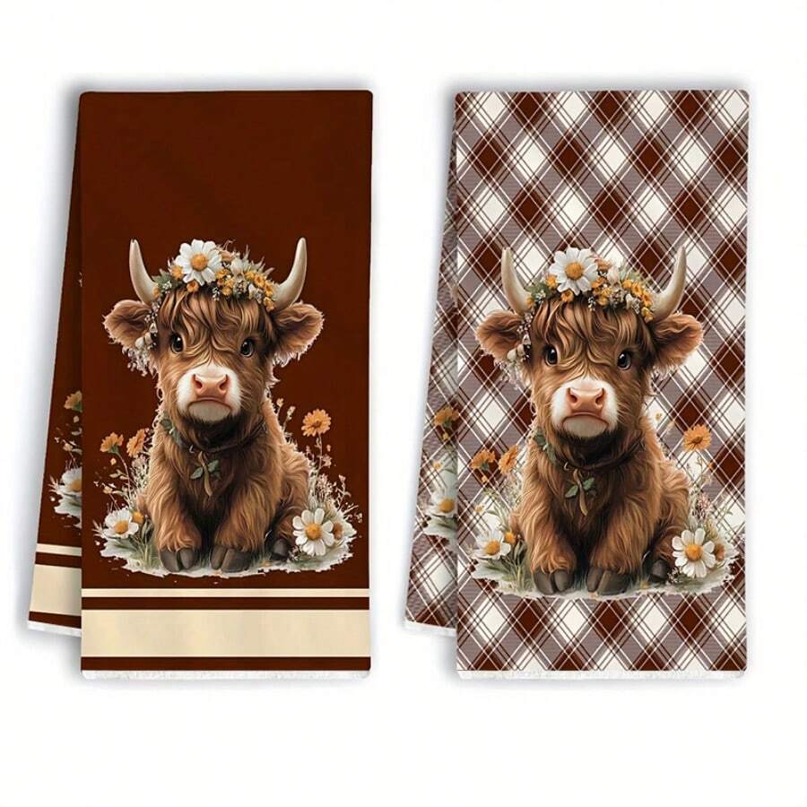 2PCS Farmhouse Kitchen Towels, Cute Highland Cow Flower Crown Plaid Print Dish Towels, Rustic Country Home Decor Hand Tea Towels For Kitchen