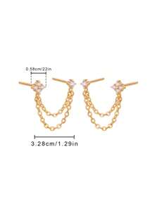 2pcs Cubic Zirconia Decor Chain Pendant Stud Earrings, Hypoallergenic Jewelry Gift For Women - Gold - View 6