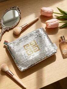 Givenchy Parfums Silver Sequin Cosmetic Bag With 4G Logo Portable Travel Zipper Makeup Storage Pouch Multi‑Purpose Toiletry Organizer Elegant Women Holiday Gift - Silver - View 1