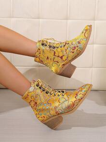 Women's Vintage Jacquard Ankle Boots, Pointed Toe Lace-Up Chunky Heel Ankle Boots, Chinese Style Floral Fabric - Yellow - View 6