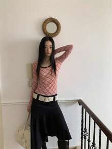 Autumn/Winter/Spring Plaid Slim Fit Pink Inner Layer Long Sleeve T-Shirt Women's Top Design - Pink - View 8