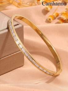 1 Pieza Moderno Brazalete De Acero Inoxidable Y Circonita Cúbica Adecuado Para Mujeres - Dorado - Ver 7