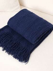 1pc Wavy Pattern Blanket, Nordic Style Acrylic Rectangle Tassel Solid Color Sofa Cover Blanket, Bedding Decor Throw Rug, Nap Blanket, Knitted Blanket - Vertical Stripes With Three Bends, Dark Blue - View 5