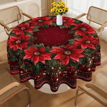 Christmas Poinsettia Round Tablecloth, Red Floral Holiday Polyester Table Cover With Holly Berry Wreath Print For Xmas Dinner, Family Gathering, Winter Party And Festive Home Decor - A - View 9