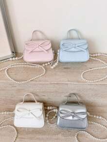 1 buah Tas Tangan Anak Perempuan Motif Pita Warna Polos Bahan PU dengan Penutup Magnet dan Tali Rantai Mutiara, Cocok untuk Penggunaan Sehari-hari di Semua Musim - A - View 4