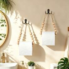 1pc Boho Wooden Bead Hanging Paper Towel Holder, Rope Woven Wall‑Mount Toilet Roll Storage Rack, Decorative Tissue Dispenser For Bedroom Kitchen Bathroom, Room Decor, Bedroom Decor, Home Decor Farmhouse Wall Decoration - Multicolor - View 3