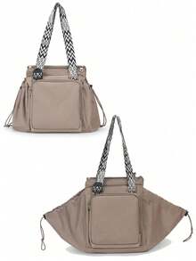 Geometric Woven Tote Bag With Wide Strap, Multi-Compartment Large Capacity For Tablet, Water Bottle And Personal Items, Zipper And Drawstring Closure, Casual Commuter Style, Multi-Pocket Shoulder Bag For Women, School, Travel And Daily Use - Khaki - View 5
