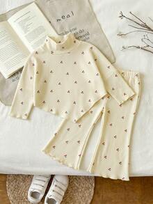 Baby Girl Spring/Autumn Sweet Cherry Print Ribbed 2 Pieces Set, Semi-High Neck Asymmetrical Long Sleeve Top With Frill Trim Flared Pants, Elastic Soft Fabric, Fresh Sweet Style, Versatile For Outdoor, School, Commute, Vacation, Gathering - Apricot - View 2