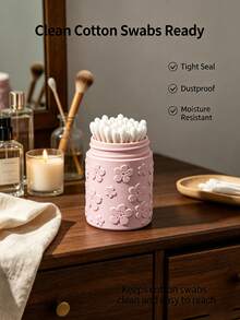 1pc Sealed Dust‑Proof Makeup Storage Container, Floral Embossed Vanity Organizer For Swabs & Make‑Up Remover Pads, Bathroom Dresser Counter Decor Storage Jar,Pink/Blue/White Available,Makeup Organizer,Room Decor - Multicolor - View 2