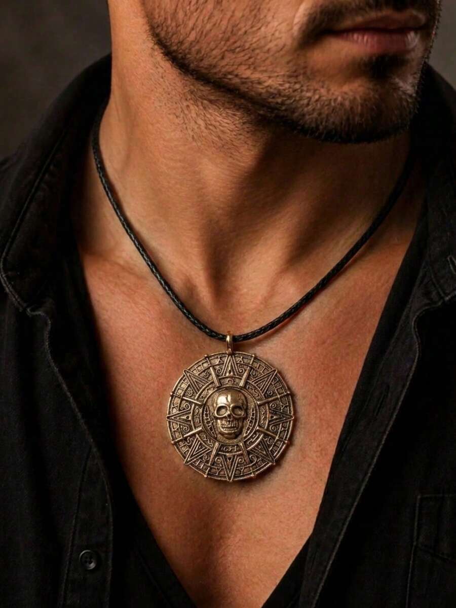 1pc Fashionable Personalized Dark Style Pirate Skull Compass Coin Amulet Pendant Necklace, Men's Gift Choice - Multicolor - View 1