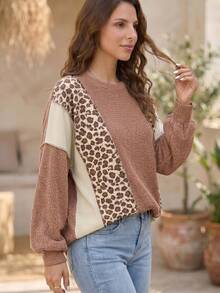 Acelitt Women's Ribbed Knit Leopard Print Patchwork Top, Long Sleeve Crew Neck Casual Pullover, Suitable For Spring And Autumn - Multicolor - View 2