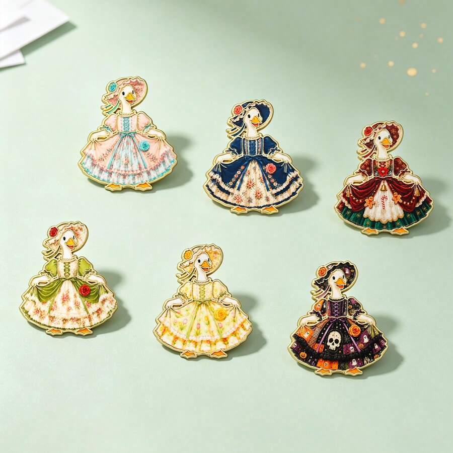 1pc Gold Border Victorian Dress Goose Enamel Pin Vintage Floral Bonnet Duck Princess Gown Lapel Pin, Metal Pin For Jackets Bags Novelty Badge Pin Gift