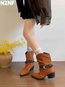 NZNF 1 Pair Contrast Color Western Style Buckle Thick Sole Slip-On Women's Retro Knight Boots Matte Chunky Heel Mid-Calf Boots Outdoor - Burnt Orange - View 9