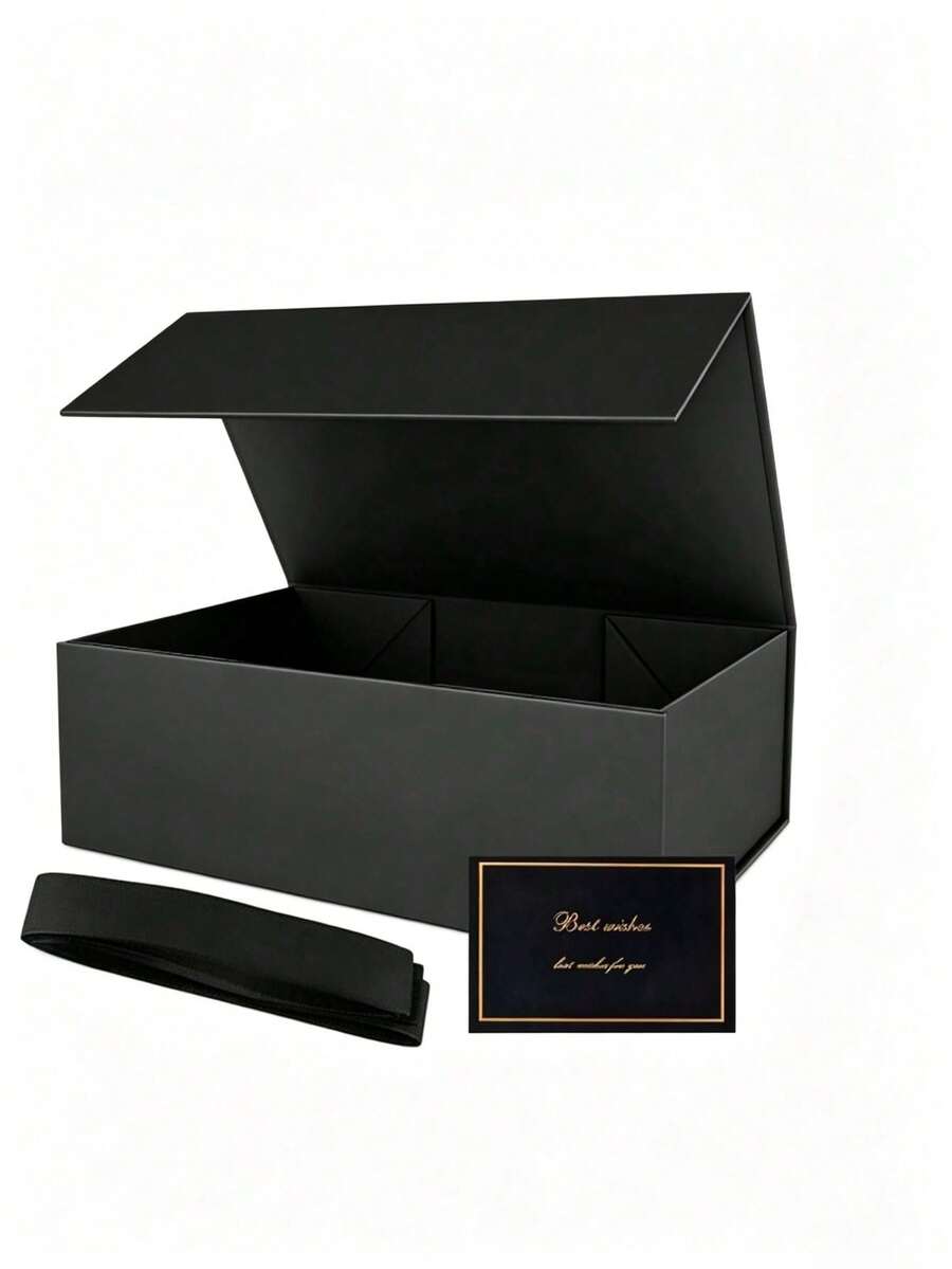 1 Set Black Gift Box Set With Magnetic Lid, Includes Gift Box, Greeting Card And Ribbon, Suitable For Gifts, Bridesmaid Gifts, Groomsman Gifts, Birthday Gifts, Christmas Gifts, Clothing Packaging, Exquisite Box Design, High-End Birthday Gift Packaging - Black - View 1