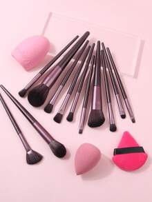 15Pcs Makeup Brush Kit, 12Pcs Face & Eye Makeup Brushes + Makeup Sponge + Triangle Powder Puff + Silicone Brush Cleaner, Soft Fiber For Foundation Blush Eyebrow Eyeshadow Daily Makeup - Coffee Brown - View 7