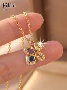 Hihho 1 pièce Collier pendentif floral rétro français coloré avec strass, accessoire de mode pour femme, essentiel pour le travail et la tenue quotidienne - collier - Voir 2