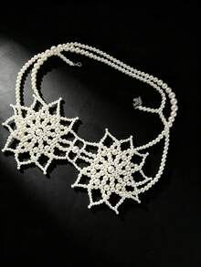 ZHENGHEN Asymmetrical Star-Shaped Pearl Beaded Body Chain Top, Hollow Handmade Personalized Cover Up, Suitable For Party And Nightclub - White - View 5