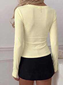 NOIRLYN Women's Fall Winter Y2K Sexy Fitted Top, Cream Yellow Button‑Front Crew Neck Long Sleeve T‑Shirt For Daily Wear - Light Yellow - View 2