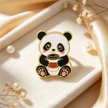 Cute Panda Enamel Pins, Cartoon Panda Holding Coffee Bamboo Flower Wreath Brooch Pins, Kawaii Animal Lapel Badge For Backpack Clothing Decor Gift - Multicolor - View 8