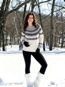 Nordic Relaxed Style Fair Isle Vintage Jacquard Knit Sweater Women's Loose Long Sleeve Pullover Crew Neck Dropped Shoulder Radial Jacquard Texture Soft Skin-Friendly Breathable Daily Wear Early Autumn Outfit Knit Top - White - View 8