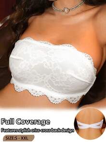 1pc Lace Patchwork Women's Bra, Wire-Free Bandeau Casual Comfortable Bralette With Back Design, Thin Sports - White - View 3
