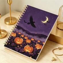DANPERJI 1pc A5 Spiral Notebook, Mystical Halloween Cover, Raven Pumpkin Bats, Nightscape Cover, Writing Diary, Atmospheric Dark‑Holiday Style, Daily Work & Personal Recording, Mind Notes, Personal Reflection Journal - A-nX - View 3
