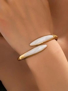 4pcs/Set Fashion Minimalist Exquisite Gold And Artificial Oil White Floral Geometric Water Drop Line Shape Bracelet Ring Earrings Jewelry Set, Suitable For Women, Thick Smooth Metal And Zinc Alloy Material Bracelet Ring Earrings - White - View 21