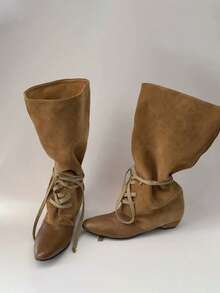 Autumn New Women's Black Low Chunky Heel High-Top Pointed Toe Leather Boots - Brown - View 5