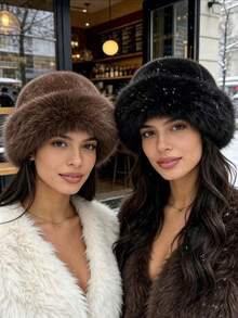 1pc Women's Plush Wide Brim Bucket Hat, Winter Fluffy Warm Bucket Hat, Fashionable And Comfortable, Suitable For Street Style - Multicolor - View 10