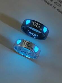 ATLVXJL 2pcs/Set Luminous Couple/Family/Friendship Glow-In-The-Dark Double Heart & Arrow Pattern Silver & Black Stainless Steel Couple Rings Set, Casual Jewelry Rings Suitable For Daily Wear And Holiday Gift Giving - Multicolor - View 1