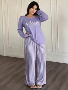 Setelan Pakaian Santai Wanita Atasan Lengan Panjang dan Celana Bergaris, 2 Potong, Setelan Piyama Ukuran Besar untuk Musim Gugur/Dingin - Purple - View 1