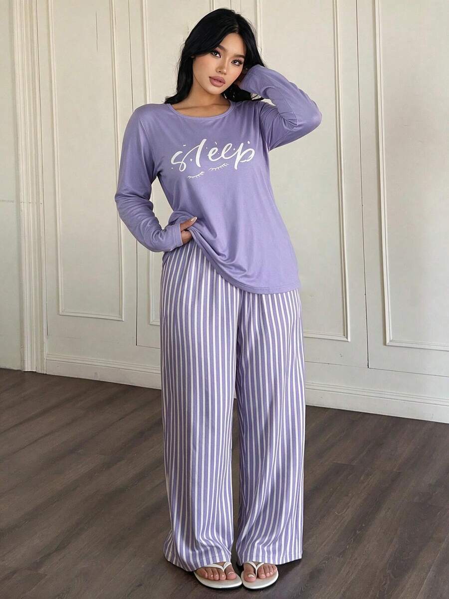 Setelan Pakaian Santai Wanita Atasan Lengan Panjang dan Celana Bergaris, 2 Potong, Setelan Piyama Ukuran Besar untuk Musim Gugur/Dingin - Purple - View 1