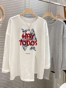 Personalized Fish Pattern & Western Slogan Print White Long Sleeve T-Shirt, Loose Fit, Flattering, Spring/Autumn Inner Layer, Base Layer - White - View 2