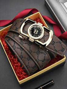 1pc Personalized Design Zinc Alloy Letter Automatic Buckle Leather Belt, Men's Business Elite Style, Minimalist Versatile Waist Belt - Multicolor - View 4