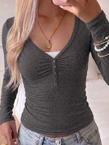 NOIRLYN Women's Y2K Autumn Casual Sexy Solid Color Lace Contrast Fitted Long Sleeve V-Neck Top, Suitable For Daily Commute Wear - Dark Grey - View 5