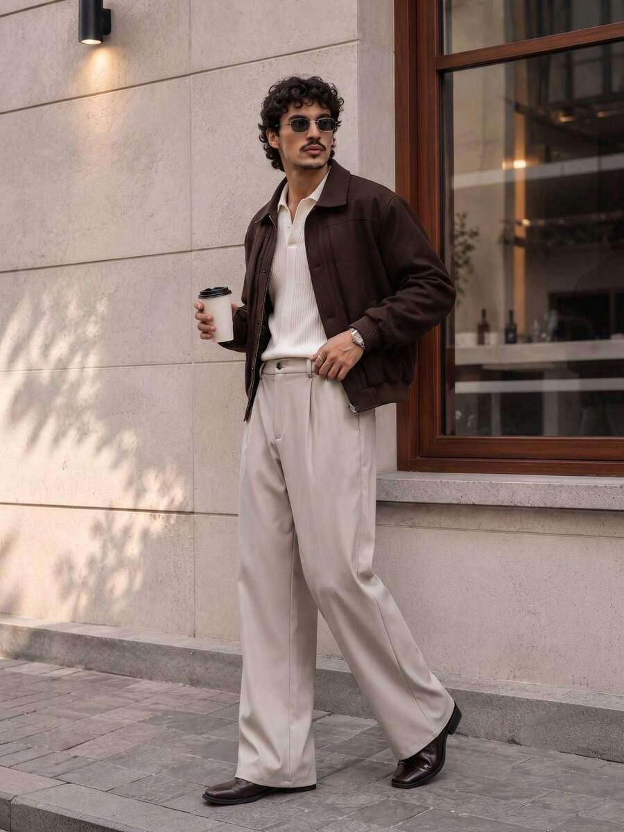 Lookun New Spring/Autumn Men's Solid Color Old Money Style Business Casual Daily Commute Gentleman Retro Straight Leg Trousers - Apricot - View 1
