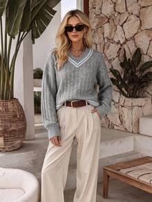 NiceArt V-Neck Contrast Striped Ribbed Loose Knit Sweater, Vintage Commuter Style Gray & White Colorblock Drop Shoulder Long Sleeve Top, Autumn Outfit - Grey - View 1