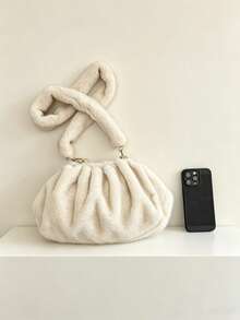 Soft Plush Cloud-Shaped Clasp Bag For Women, Autumn/Winter New Wrinkled Underarm Bag, Faux Rabbit Fur High-End Niche Crossbody Shoulder Bag, Versatile Small Bag - White - View 4