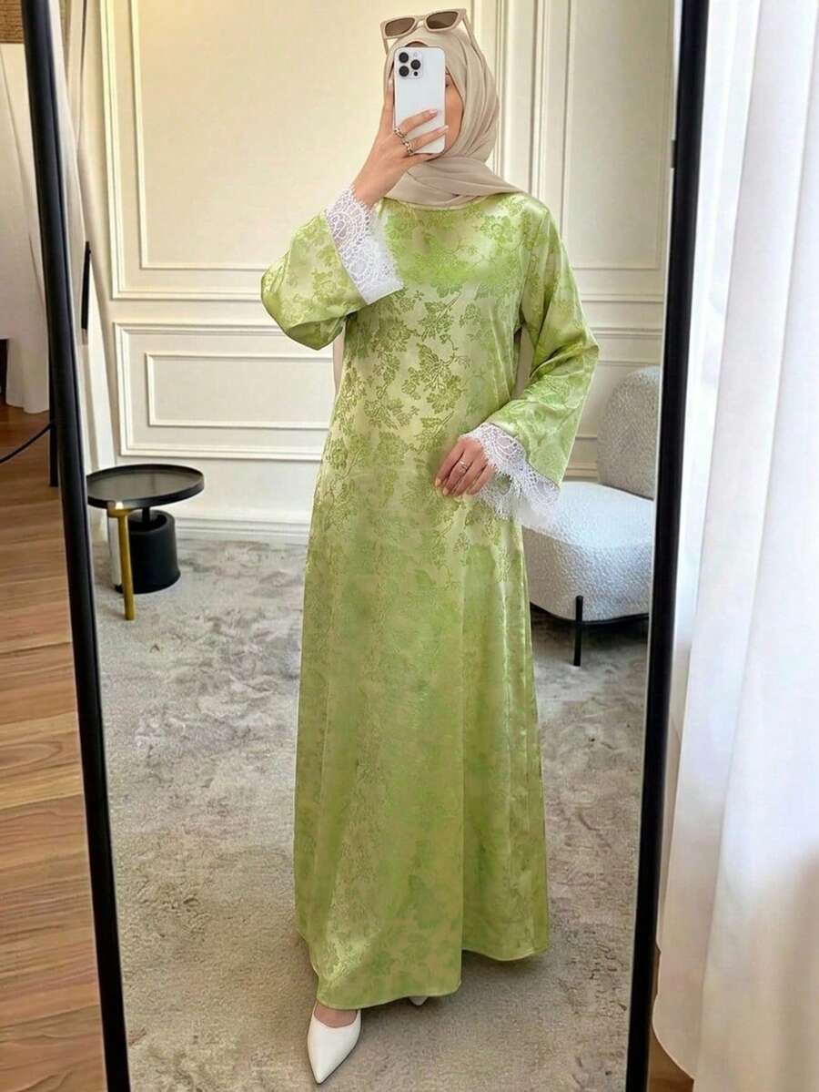 女士圆领蕾丝拼接印花休闲派对阿拉伯风格连衣裙 - 綠色 - 查看 1