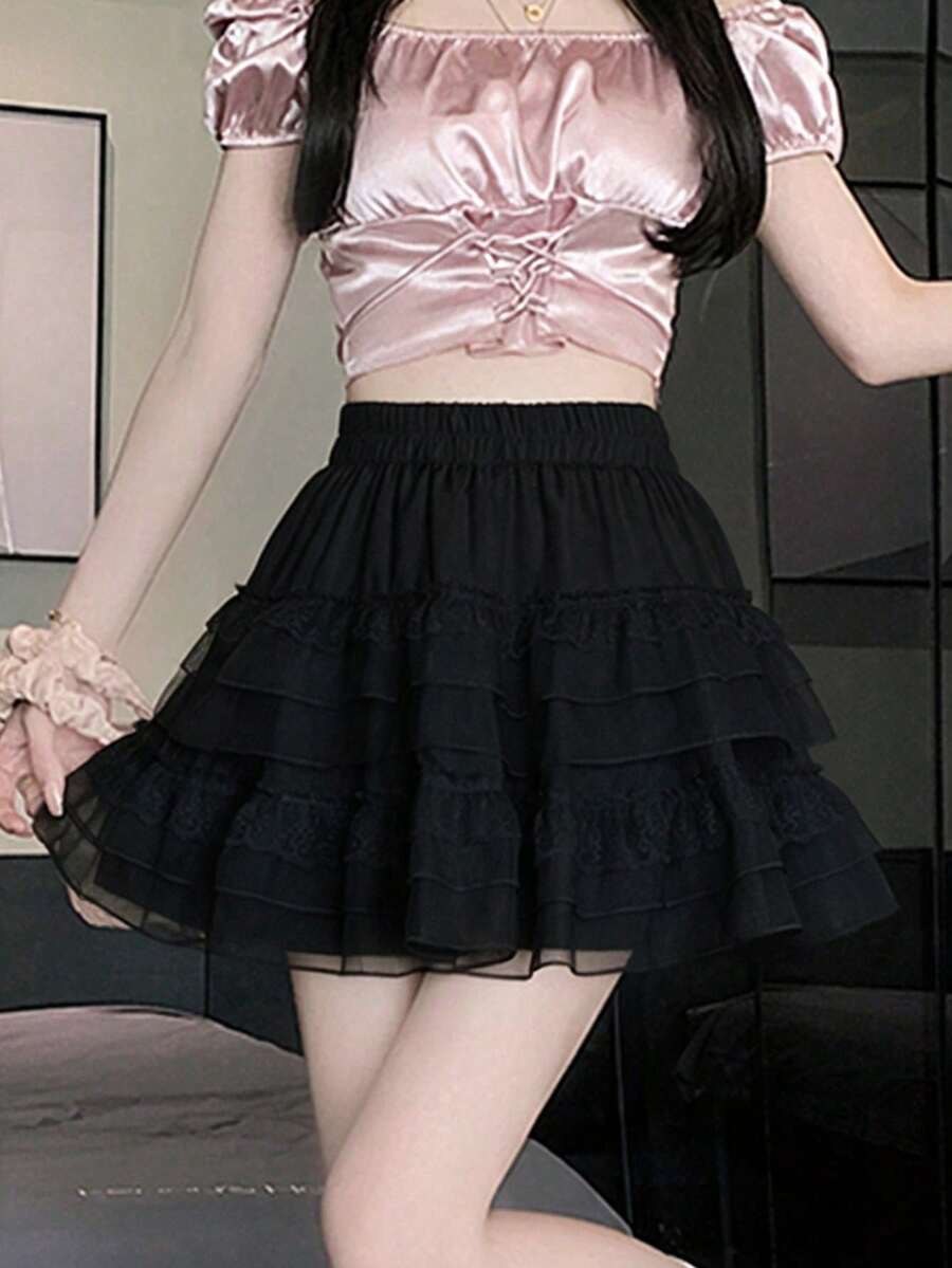 女款純色分層蛋糕裙 夏季休閒半身裙 黑色