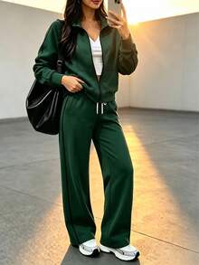 Falloutfits Effortlesschic Lounge Sets For Women 2 Pieces Outfits Sweatshirt Wide Leg Pants Matching Set Sweatsuits Fallfashion - Dark Green - View 2